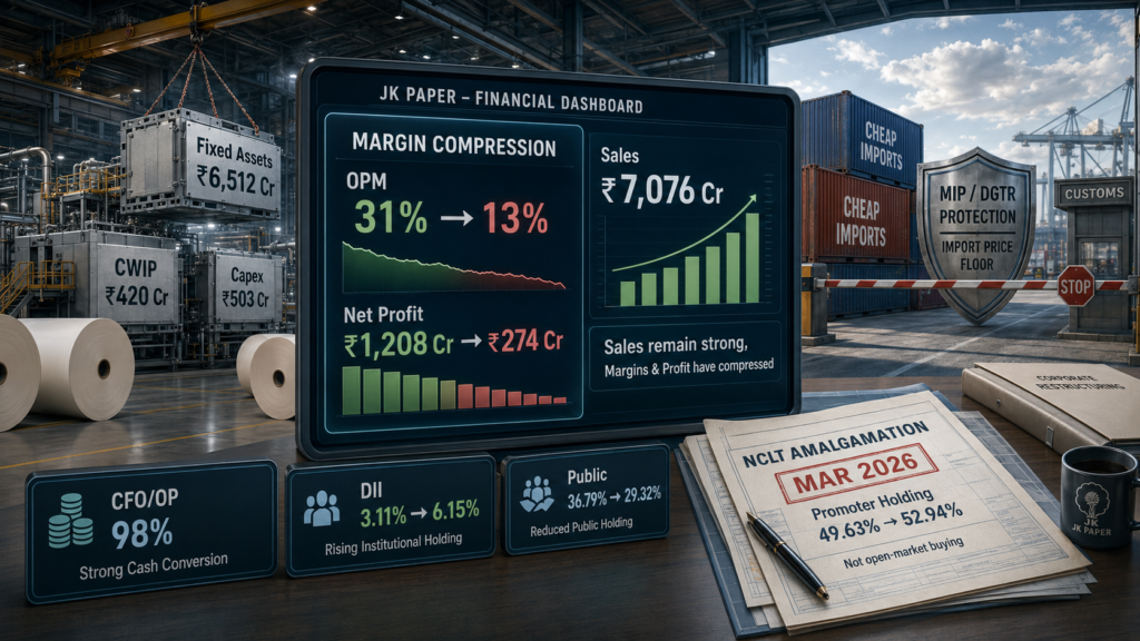 JK Paper financial dashboard showing margin compression, import protection, capex, CWIP, NCLT amalgamation and operating leverage setup.