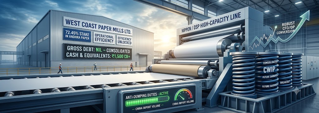 Modern paper manufacturing facility showing West Coast Paper Mills expansion plant with zero gross debt, massive cash reserves, and heavy industrial springs representing capital cycle consolidation.